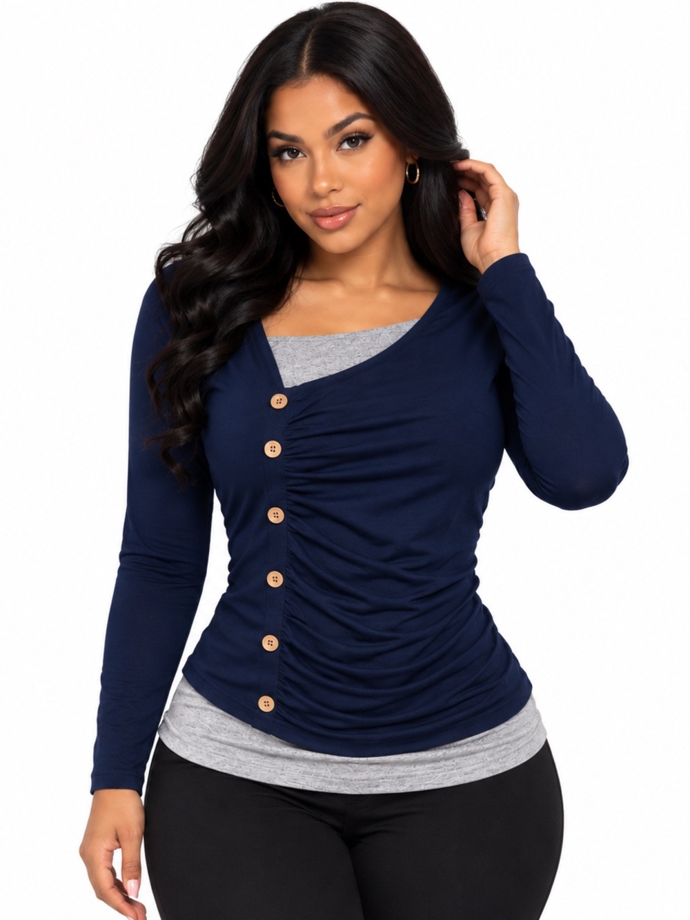 Long Sleeve Navy Ruched Button-Up Women's Top